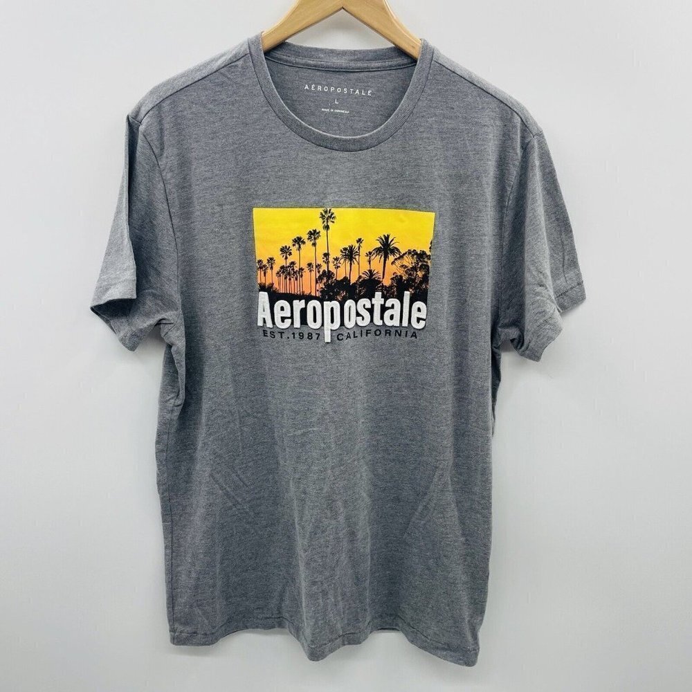 Aeropostale Mens Size Large Palm Tree Graphic Print Raised Logo Tshirt Gray 208‎